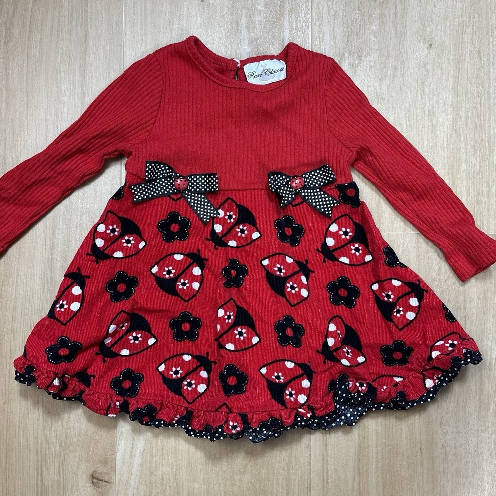 Rare Editions Girls Ladybug Dress Red/Black Long Sleeve Size 3T Corduroy